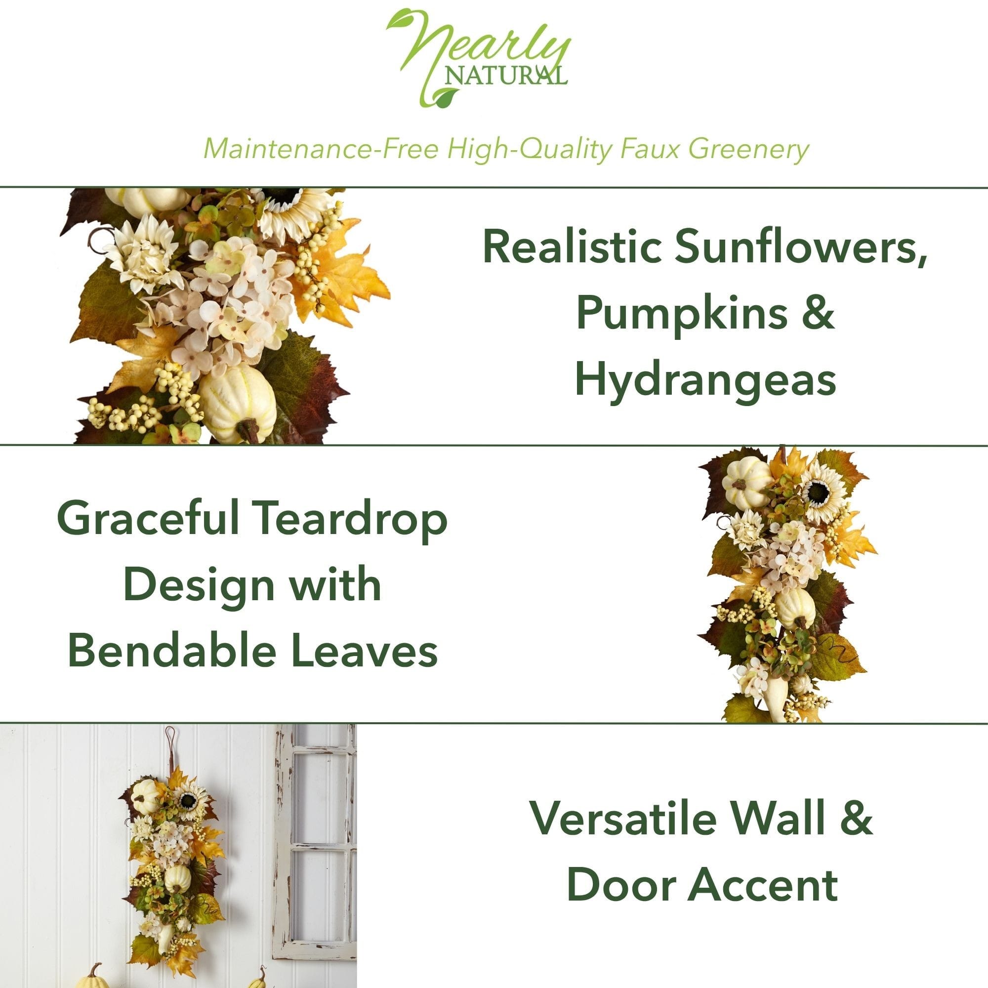 33" Sunflower, Hydrangea & White Pumpkin Autumn Teardrop Swag